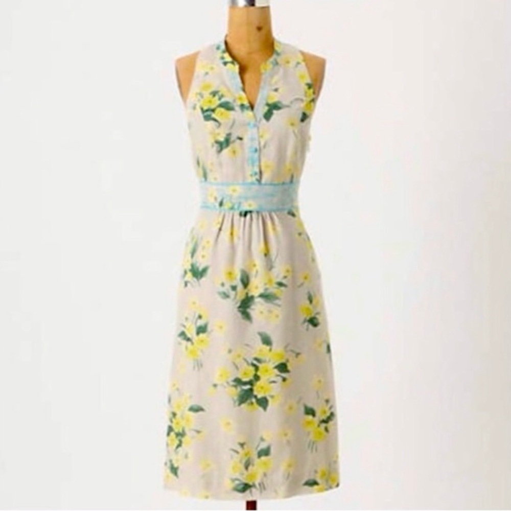 Anthropologie Maeve Dutch‎ Yellow Floral Print Sleeveless Shift Dress Size 0